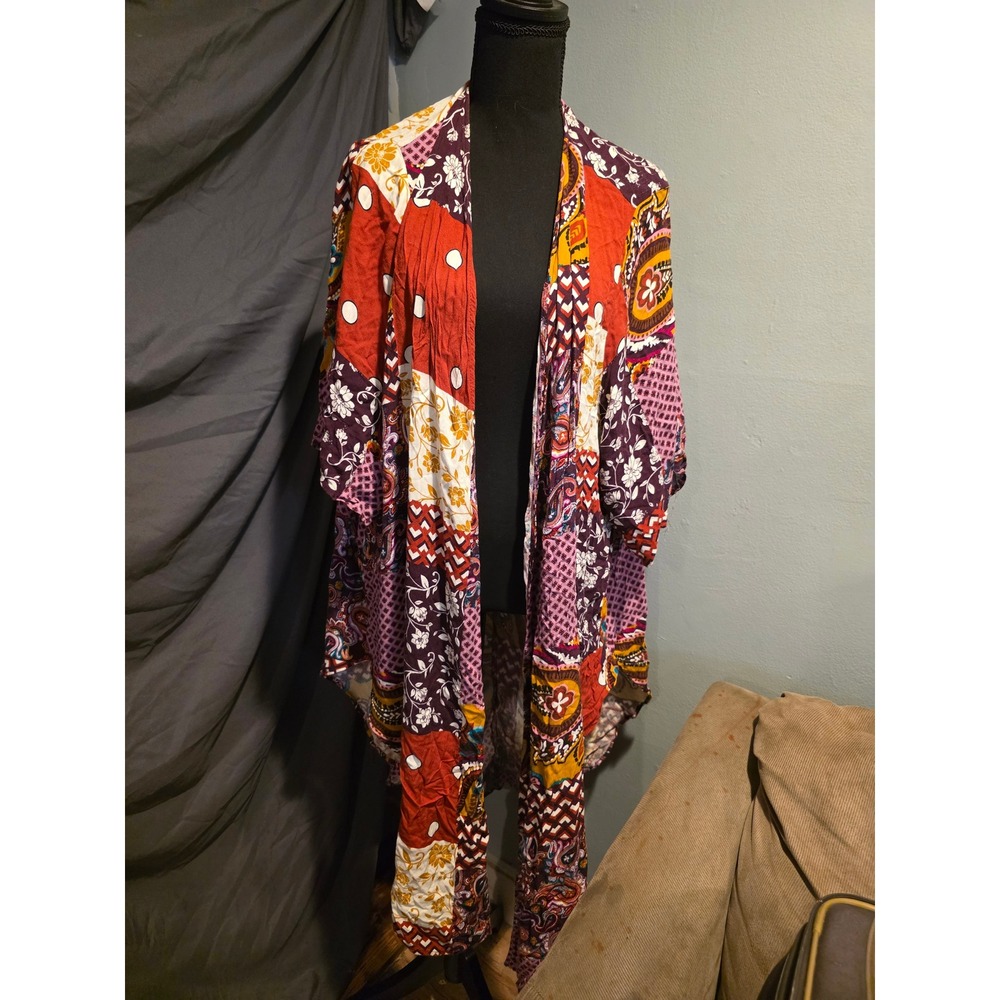 Boho Patchwork Kimono Wrap Paisley Floral Open Front Cardigan Plus Size 1X